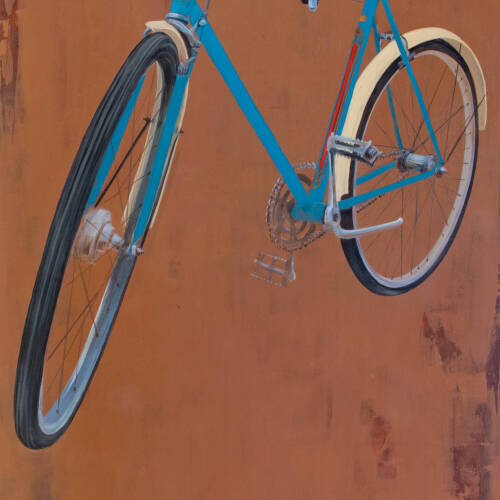 Painting of a blue bicycle against a brown background. Painted on board.